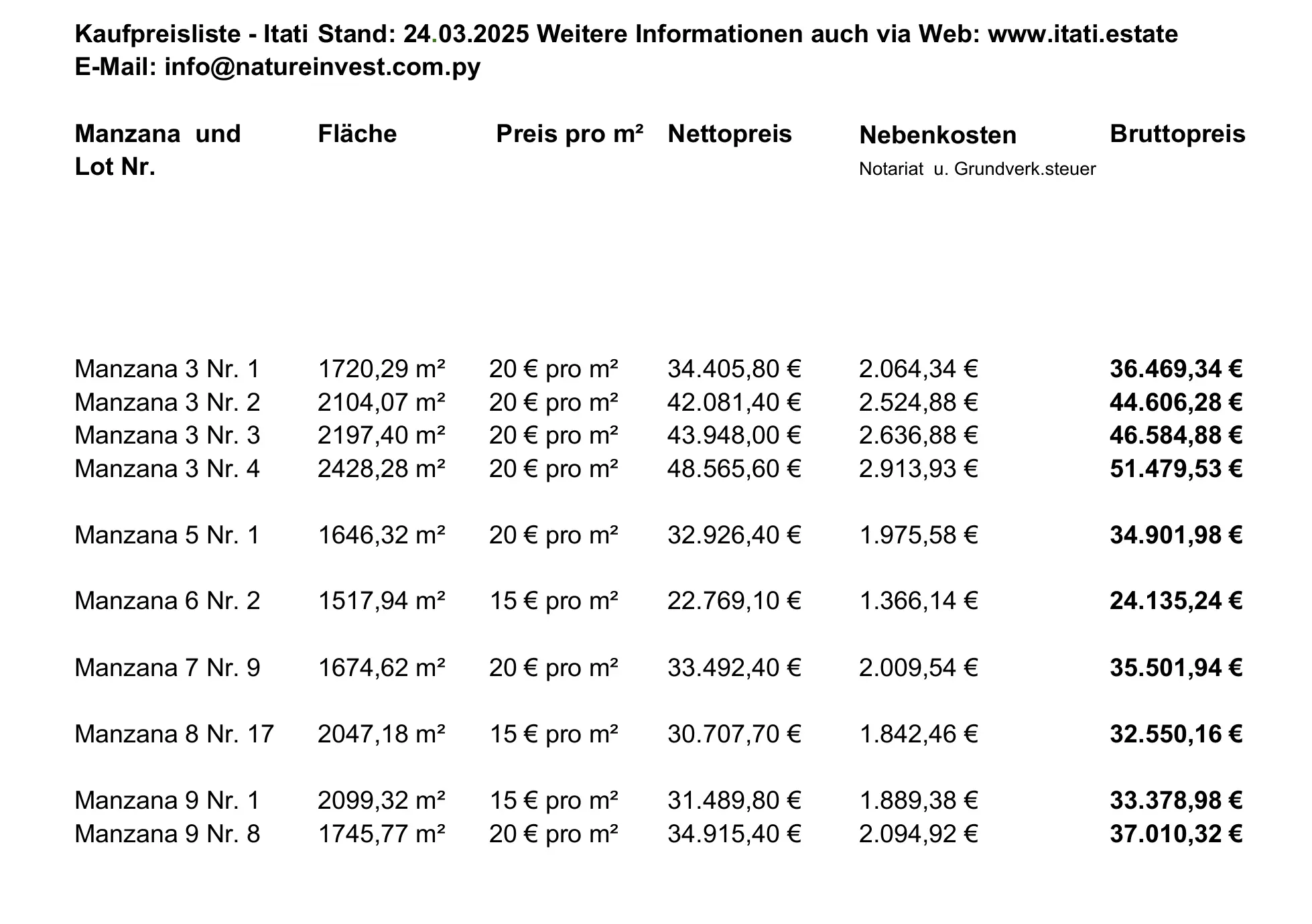 Preisliste Itati Estate